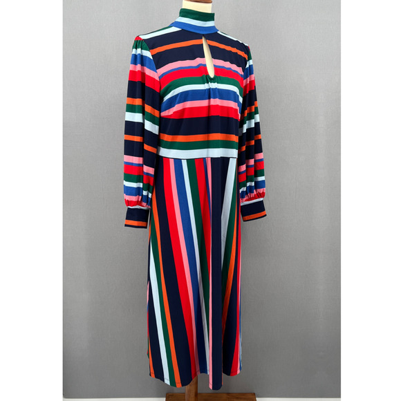 Elouqii Dress Womens 14 Multicolor Striped Keyhole Long Puff Sleeves A Line Midi - Picture 6 of 15